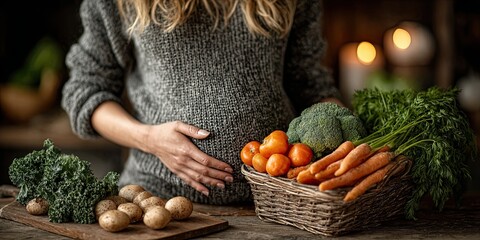 Expectant mother enjoys healthy eating during pregnancy, choosing organic food. Close-up
