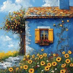 Impressionistic photo of a quaint blue cottage with yellow shutters surrounded by sunflowers and a blossoming tree