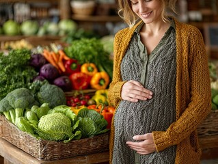 Expectant mother enjoys healthy eating during pregnancy, choosing organic food. Close-up