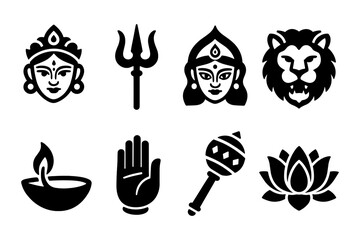 Hindu symbols collection: goddess, trident, lion, lotus, and ritual icons in bold silhouette