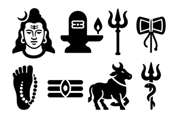 Shiva symbols collection: trident, lingam, nandi, and vibhuti icons in black silhouette style