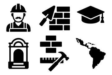 Black silhouette icons: construction, education, and latin american culture