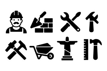 Obraz premium Silhouette construction tools and worker icon set for professional projects