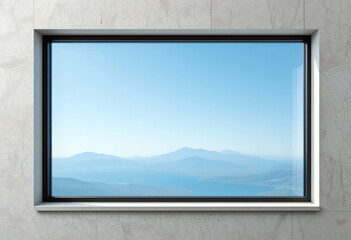 Fototapeta premium Scenic View of Mountains and Lake Framed by a Modern Window Indoors.