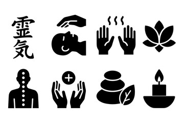 Holistic healing icons set featuring reiki, massage, and aromatherapy symbols