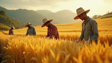 Farmers Working in Golden Wheat Field at Sunset