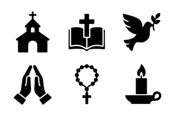 Simple religious symbols: church, bible, dove, prayer hands, rosary, candle
