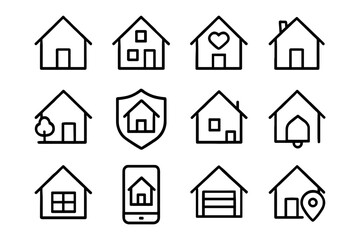 Fototapeta premium Minimalist black and white home icons set in outline style