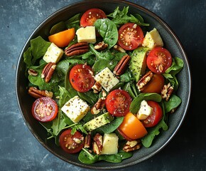 Healthy homemade salad with tomatoes, cheese cubes, pecans, avocado, spinach and arugula.