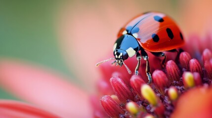 Closeup macro shot of a red ladybug resting on a yellow flower petal with soft blurred green background in natural outdoor spring setting


