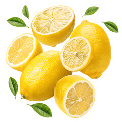 A vibrant display of whole and sliced lemons with fresh green leaves against a black background