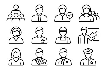 Linear outline icons of professionals and teamwork for business and communication