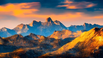 Colorful winter sunrise and sunset views over the snowy mountain peaks