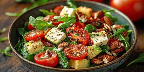 Healthy homemade salad with tomatoes, cheese cubes, pecans, avocado, spinach and arugula.