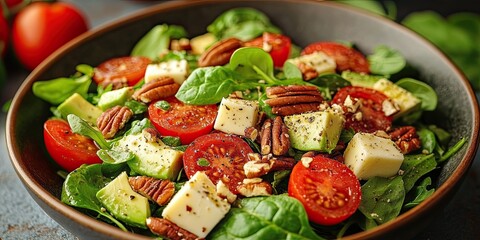 Healthy homemade salad with tomatoes, cheese cubes, pecans, avocado, spinach and arugula.