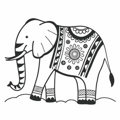 Decorative Elephant Vector &ndash; Intricate Black & White Ornamentation and Cultural Motifs