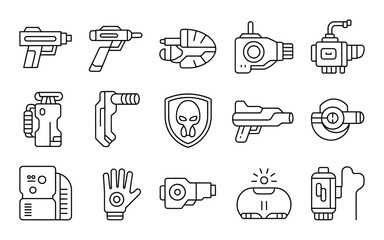 Fototapeta premium Sci-Fi Weapons and Gadgets Line Art Vector Icon Set: Blasters, Ray Guns, Shields & Alien Tech - Futuristic Outline Graphics