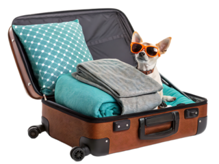Small dog with sunglasses sitting inside a suitcase filled with pillow and folded blankets ready to travel
