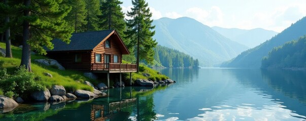 Fototapeta premium Secluded lakefront cabin nestled amongst lush trees , woodland, rural