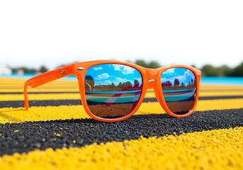 Bright orange sunglasses with reflective blue lenses sit on a textured surface with yellow lines