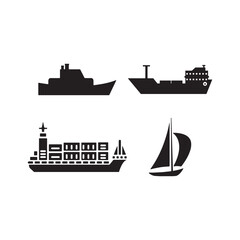 Collection of silhouetted maritime vessels including cargo ships and sailboat