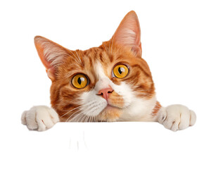 A ginger and white cat with yellow eyes peering over a ledge with its paws resting on the edge