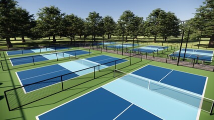 aerial view of  empty pickleball courts with wire fence and floodlights around it