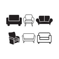 Collection of six different black and white armchair and sofa silhouettes