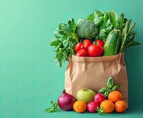 Healthy vegan vegetarian food in paper bag vegetables and fruits on color background, copy space.