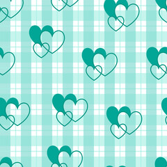 Seamless Heart Pattern on Mint Plaid Background