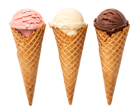 Three ice cream cones with different flavors like strawberry vanilla and chocolate on a black background