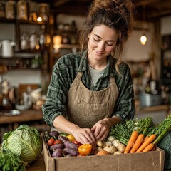 Health woman organizing fresh food in a ready to eat box in the kitchen.