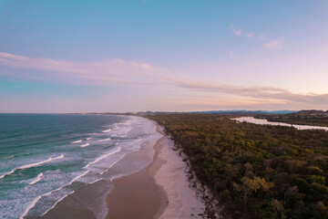 Aerial views of sunset over Dreamtime beach in Fingal Head New South Wales, Australia