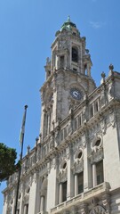 View of Porto City Hall (Câmara Municipal do Porto), located in Avenida dos Aliados, Portugal, under clear summer skies. A landmark of civic pride and neoclassical architecture. Close up