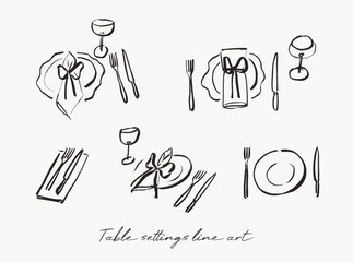 Table settings line art drawings, menu and invitation graphic elements