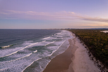 Aerial views of sunset over Dreamtime beach in Fingal Head New South Wales, Australia