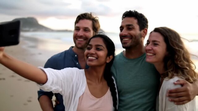 Happy Diverse Group of Friends Taking Selfie Photo Together on Beautiful Beach During Golden Hour, Summer Vacation Memory - Powered by Adobe