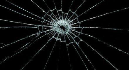 Shattered glass fragments scattered against a black background.
