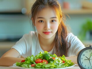 Intermittent fasting with clock, asian young woman health, girl weight loss, eating green fresh vegetable salad on plate