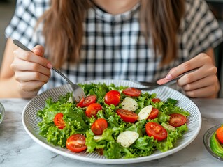 Intermittent fasting with clock, asian young woman health, girl weight loss, eating green fresh vegetable salad on plate