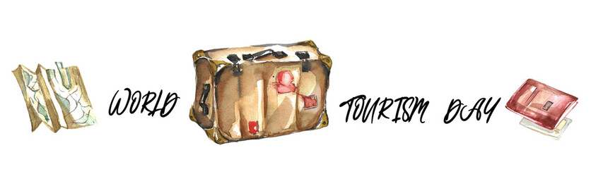 World Tourism Day. Watercolor border with image of leather brown retro suitcase, road map and documents with ticket and inscription. Hand drawn illustration on white background for design