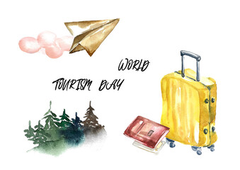 International Tourism Day. Watercolor postcard with forest, yellow suitcase and red passport with ticket, paper airplane in pink cloud. Hand drawn on white background with lettering for your design