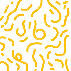 Seamless vector pattern featuring abstract yellow squiggles and curved lines on a white background. Playful and energetic hand-drawn doodle style, perfect for backgrounds, fabric, wrapping paper, kids