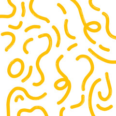 Seamless vector pattern featuring abstract yellow squiggles and curved lines on a white background. Playful and energetic hand-drawn doodle style, perfect for backgrounds, fabric, wrapping paper, kids