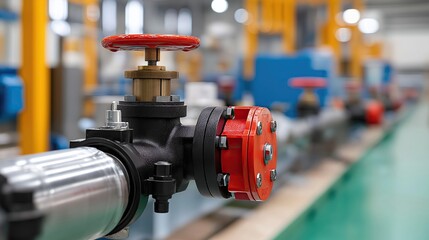 Red industrial valve controlling flow in pipeline system