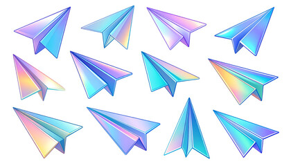 Fototapeta premium Holographic Paper Airplanes Set. Futuristic Design And Creativity Collection isolated on solid white background Png form