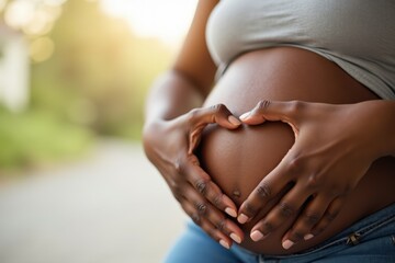 A close-up of a black pregnant woman's belly with her hands forming a heart shape. The background is blurred with soft natural light, emphasizing the loving gesture