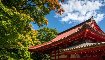 Fototapeta premium Autumn foliage framing a temple roof