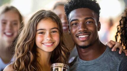 Dance competition winners celebrating victory with trophy diverse teenage dancers genuine smiles natural lighting athletic builds casual attire