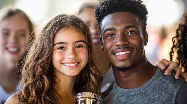 Dance competition winners celebrating victory with trophy diverse teenage dancers genuine smiles natural lighting athletic builds casual attire